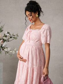 Momance Elegant Textured Square Neck Ruffle Hem Maternity Dress, Summer - Pink - View 5