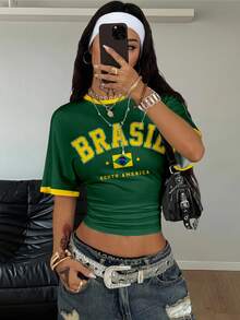 Coolane Áo thun ngắn tay nữ dáng suông, in chữ, nhún bèo, thích hợp mặc mùa hè. - Nhiều màu - Xem 3