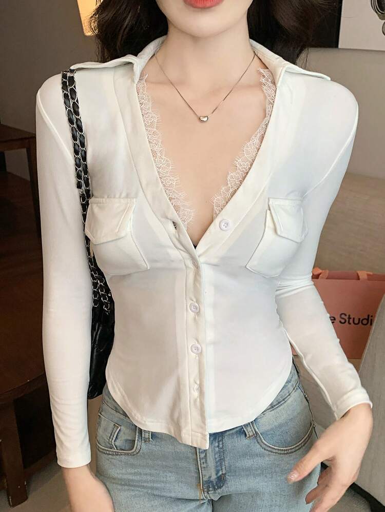 Women's Lace Patchwork Collared Fitted 3/4 Sleeve Cropped Cardigan T-Shirt, Casual & Sexy Y2k