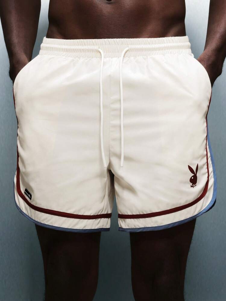 PLAYBOY X SUMWON Bunny Logo Swim Trunks With Contrast Trim Detail And Drawstring Waistband For Beach Summer Swimming Pool Activities - Apricot - View 8