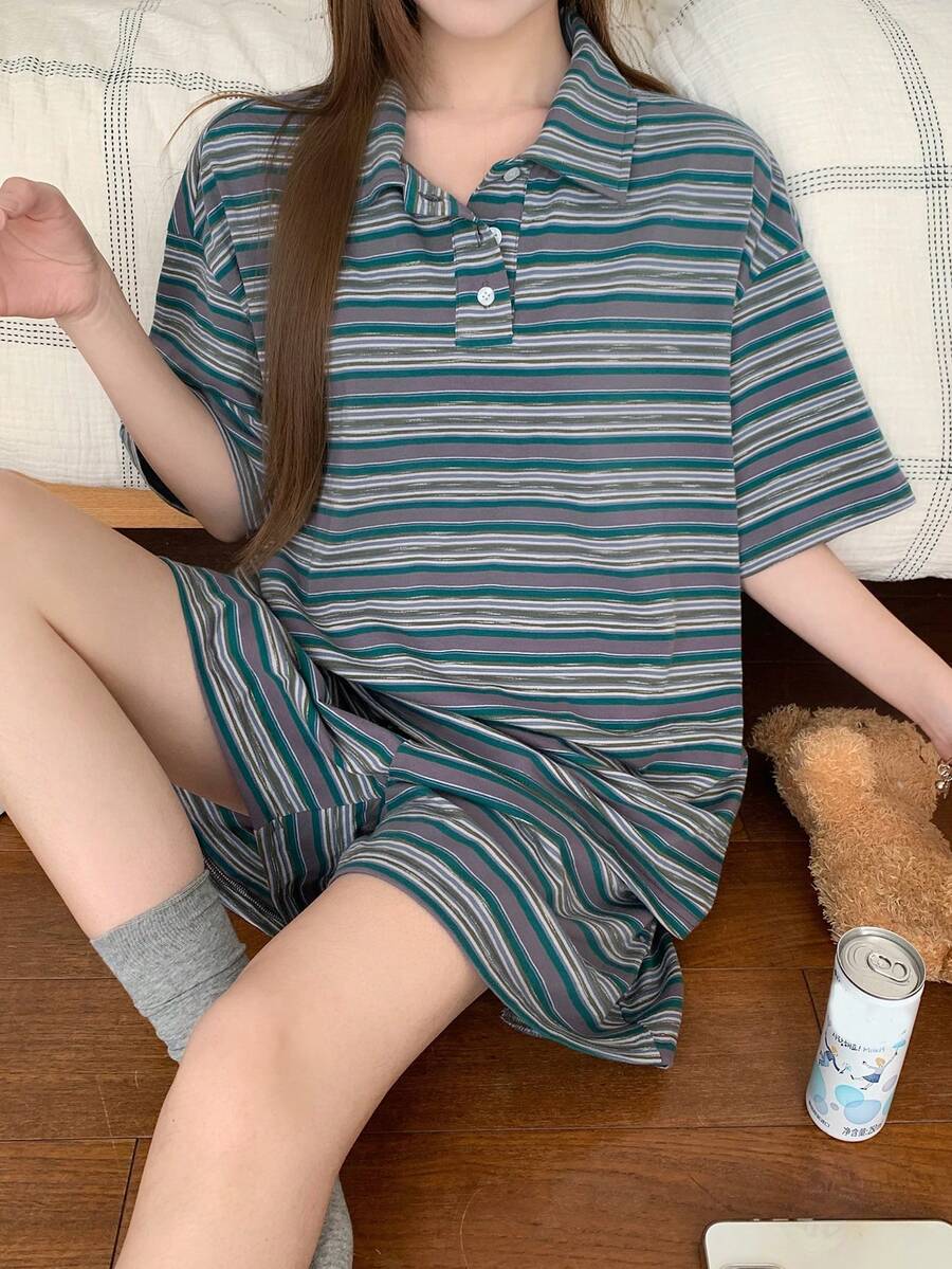 DAZY Women's Striped Loose Pajama Set, Summer - Multicolor - View 1