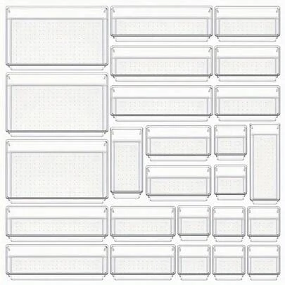 مجموعة منظم أدراج بلاستيكي شفاف، صواني منظم أدراج متعددة الوظائف للحمام والمغاسل، صناديق تخزين للمكياج والمطبخ والمكتب