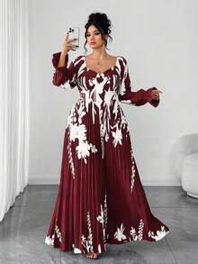 SHEIN Elenzya 大码女装时尚定位印花水钻领长袖连衣裙 - 酒紅色 - 查看 5