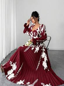 SHEIN Elenzya 大码女装时尚定位印花水钻领长袖连衣裙 - 酒紅色 - 查看 6