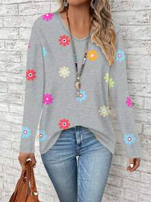 EMERY ROSE 大码女式V领碎花休闲宽松长袖T恤 - 灰色 - 查看 5