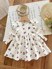 LMoss Kids Baby Girl Cherry Print Ruffle Trim Round Neck Casual Dress - Multicolor - View 3