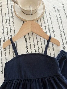 SHEIN 女宝宝休闲可爱度假藏蓝色蝴蝶结吊带背心和松紧腰裤套装 - 藏蓝色 - 查看 4