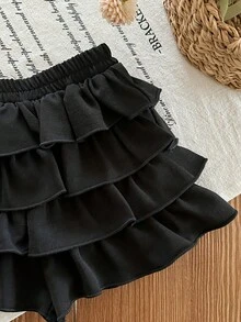 SHEIN 女宝宝夏季可爱度假休闲百搭黑色荷叶边弹力腰迷你裙 - 黑色 - 查看 3