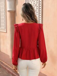 Flora Isola Flora Isola Women's Vintage Solid Color Long Sleeve Blouse, Floral Ruffle V-Neck Loose Casual Top, Versatile For Daily Commute, Dates, Gatherings, Spring/Summer - Red - View 2