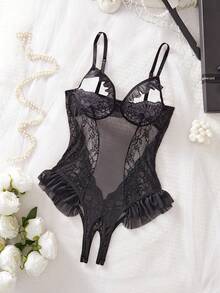 SpicyHot 蕾丝拼接网纱女士性感连体裤（优雅+透视+连体裤+无钢圈） - 黑色 - 查看 1