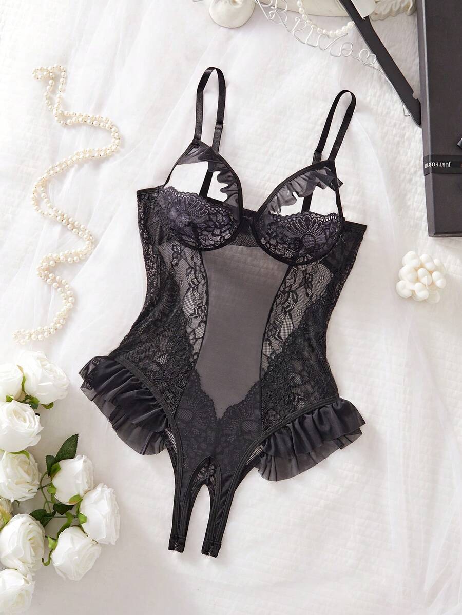 SpicyHot 蕾丝拼接网纱女士性感连体裤（优雅+透视+连体裤+无钢圈） - 黑色 - 查看 1