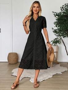 EMERY ROSE Women's Regular V-Neck White Lace Half Sleeve Long Dress ,Summer Dress,Spring Dresses For Women - Black - View 6