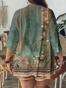 SHEIN VCAY Casual Vintage Leaf Pattern Loose Plus Size 2 Pieces Set, Suitable For Summer - Green - View 3