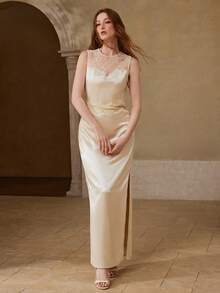 MOTF PREMIUM WOMEN'S LONG SATIN LACE EMBROIDERED PATCHWORK DRESS, SPRING/SUMMER - Apricot - View 4