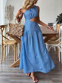 Breezaya Women's Romantic Hollow-Out Striped Dress, Suitable For Spring/Summer Vacation And Outdoor Wear - Blue - View 6