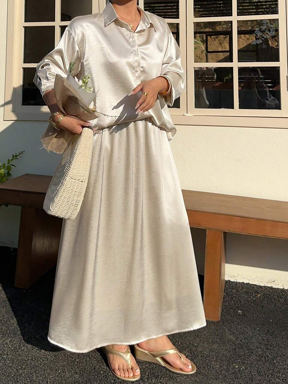 Dazy Plus Plus Size Women 2-Piece Set, Solid Color Casual Shirt With Collar And Long Skirt, Elegant For Commuting, Spring/Summer Lounge Sets For Women