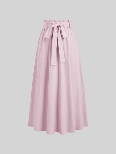 Sweetra Women's Solid Color Ruffled Waist Knotted Long Casual Skirt