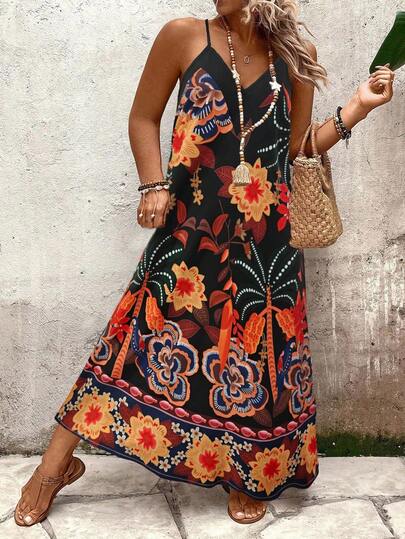 Linhara CURVE Plus Size Women's Black Floral & Botanical Print Loose Maxi Cami Dress, Versatile For Casual, Commute, Fashion, Elegant, Sweet, Date, French Street, Vintage, Beach, Summer Women Sundress Summer Women Vacation Dress Boho Summer Dress Women Women Sun Dresses