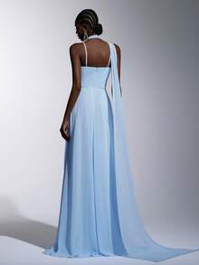 Elitara 优雅奢华蓝色弹力针织吊带亮片伴娘礼服 - 淺藍色 - 查看 3