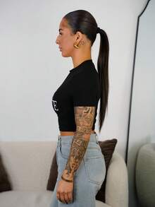 SAYEHFBABY Women Simple Printed Crop Top Slim Fit T-Shirt GOD'S FAVORITE Graphic Tees Women Tops - Black - View 6