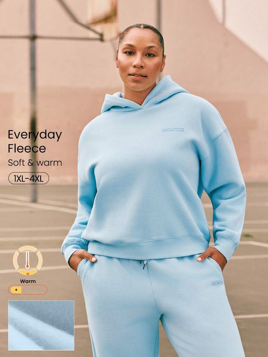GLOWMODE 大码日常抓绒舒适保暖宽松丝绒印花抽绳连帽衫，适合日常休闲穿着 - 淺藍色 - 查看 1
