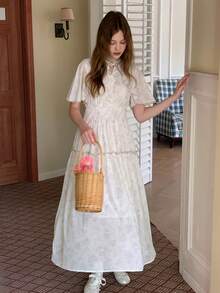 DAZY 少女夏季度假风印花斗篷袖收腰连衣裙