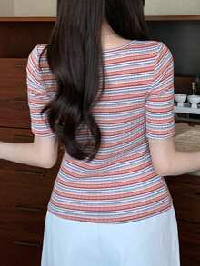DAZY 女士休闲日常通勤撞色条纹印花圆领短袖修身T恤，夏季 - 彩色 - 查看 4