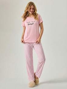 Loomlin Cottnline Cotton 2Pcs Eye Printed Short Sleeve Shirt And Striped Long Bottom Pj Set Women S Pajama Cute Pajamas For Woman - Pink - View 5