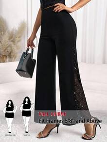 SHEIN Tall CURVE 大码水钻装饰休闲裤 - 黑色 - 查看 1