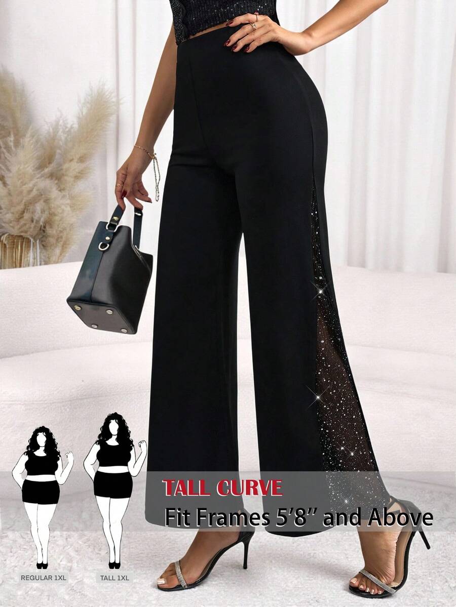SHEIN Tall CURVE 大码水钻装饰休闲裤 - 黑色 - 查看 1