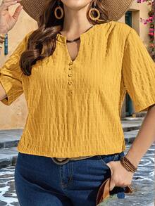 EMERY ROSE Plus Size Plain Simple Short Sleeve Shirt, Suitable For Summer, Summer Tops - Yellow - View 4