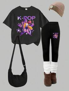 女童卡通印花短袖T恤和打底裤套装 - 黑色 - 查看 4