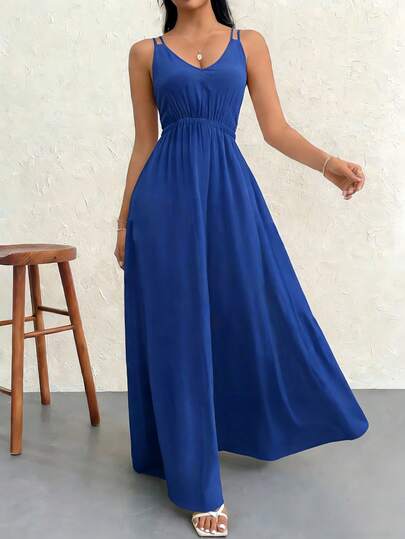 Vestido largo elegante sin mangas de cuello en V profundo con ajuste ceñido, de tela de encaje, para primavera/verano