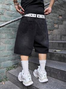 Manfinity EMRG Distressed Black Print Washed American Casual Denim Shorts - Black - View 2