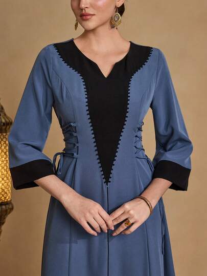 Al Najma Women's Solid Color Casual Fashionable Minimalist Contrast Color Patchwork Tie Waist A-Line Arabic Style Dress