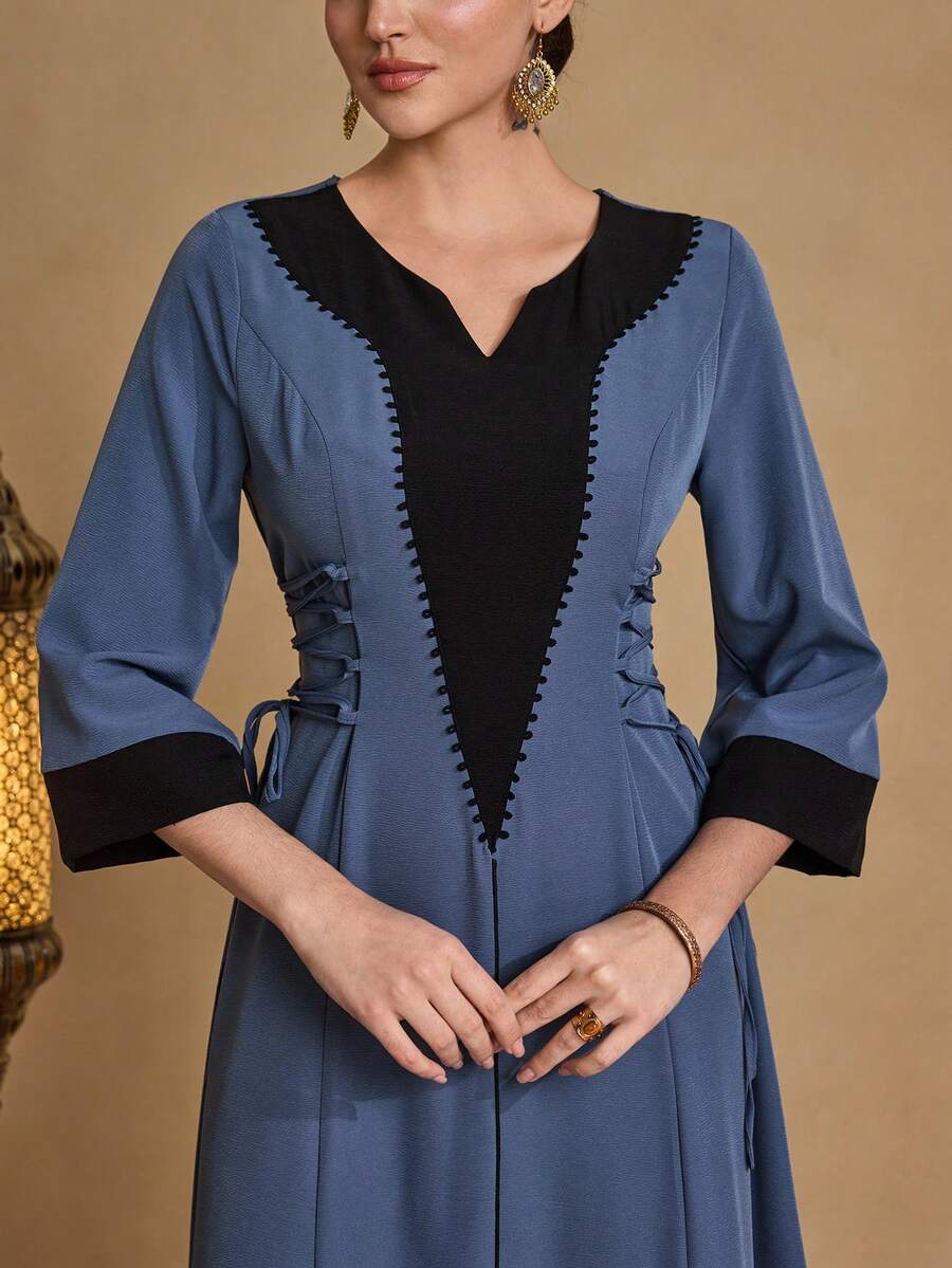 Al Najma Women's Solid Color Casual Fashionable Minimalist Contrast Color Patchwork Tie Waist A-Line Arabic Style Dress - Navy Blue - View 1