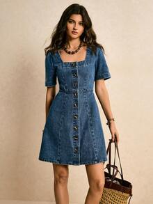 Poéselle 女士优雅法式泡泡袖收腰A字迷你连衣裙 - 中等水洗藍 - 查看 7