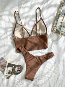 Bonvoyette Brown Embroidered Casual Women's Camisole & Tankini Swimsuit Set - Brown - View 3