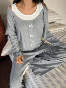 DAZY 女士蝴蝶结装饰针织睡衣套装 - 灰色 - 查看 4