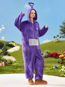 Teletubbies X ROMWE Women's Cartoon Embroidered Zip Front 3D Hooded Plush Fabric Cute Pajama Romper - Purple - View 4