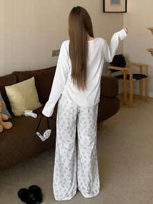 DAZY Cartoon Print Loose Women Pajama Set, White - White - View 2