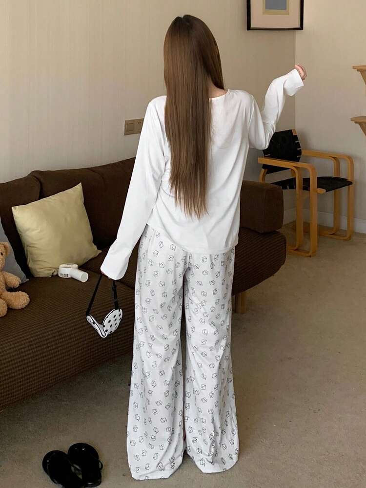Cartoon Print Loose Women Pajama Set, White