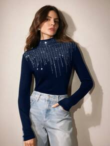 Anewsta Embellished Rhinestone Half High Neck Long Sleeve Knit T-Shirt, Elegant Blouse For Women, Autumn/Winter Outfit - Navy Blue - View 3