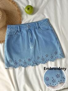 Comfortcana Women's Casual Washed Hollow Embroidery Denim Mini Skirt, Summer Summer Holiday Outfits Spring Outfit Women  Carnival Costume Beach Skirt Birthday Outfit For Women Going Out Skirt  Vacation Outfits Women Casual Skirt For Women Women's Light Blue Denim Mini Skirt With Floral Eyelet Detail Summer High Waisted A Line Short Skirt - Light Wash - View 3