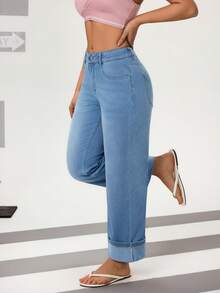 Flexra Jeans rectos y casuales de mujer con dobladillo a la altura del tobillo - Azul lavado medio - Ver 4