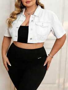 SHEIN CURVE+ Plus Size Women Blue Denim Lapel Short Sleeve Cropped Jacket - White - View 4