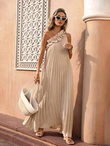 Flora Isola Flora Isola Đầm không tay nữ, đầm dài xếp ly lệch vai họa tiết hoa 3D, thanh lịch và lãng mạn cho các bữa tiệc mùa hè, đa năng cho mặc hàng ngày và đi làm. - Màu Khaki - Xem 3