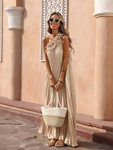 Flora Isola Flora Isola Đầm không tay nữ, đầm dài xếp ly lệch vai họa tiết hoa 3D, thanh lịch và lãng mạn cho các bữa tiệc mùa hè, đa năng cho mặc hàng ngày và đi làm. - Màu Khaki - Xem 6