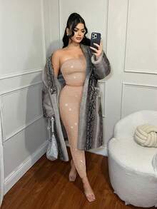 SHEIN SXY 两件套女士卡其色水钻无袖上衣和亮片半裙套装，水钻连衣裙，闪亮连衣裙，钻石连衣裙 - 卡其色 - 查看 4