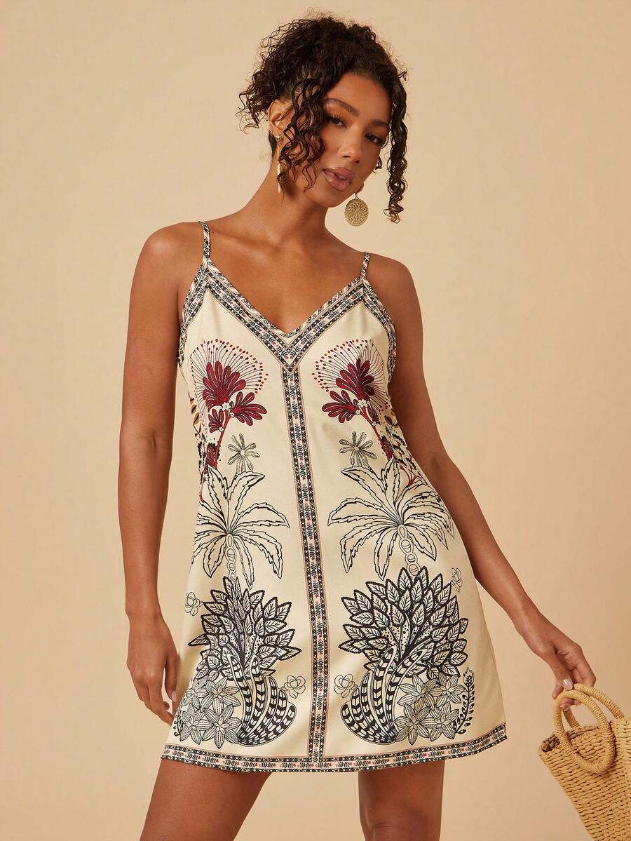 Travachic V-Neck Spaghetti Strap Loose Retro Print Vacation Dress,Tropical Parrot Pattern,Suitable For Summer Outfits,Summer Dresses Women,Beach Casual - Multicolor - View 1